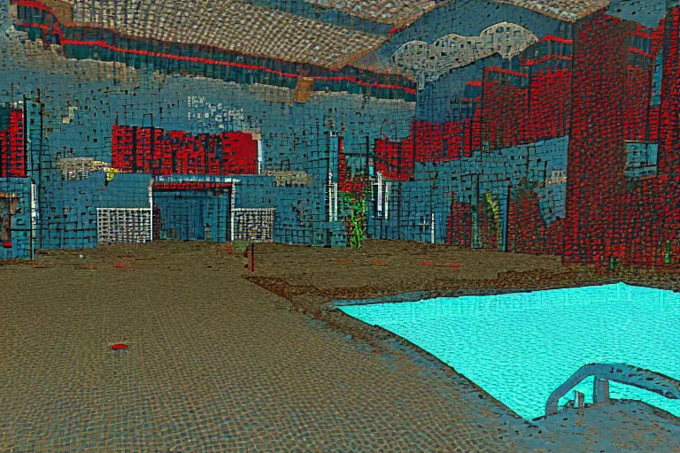 Image similar to creepy and wet abandoned waterpark, retro, pixelated, doom screenshot, 1 9 9 3, gzdoom