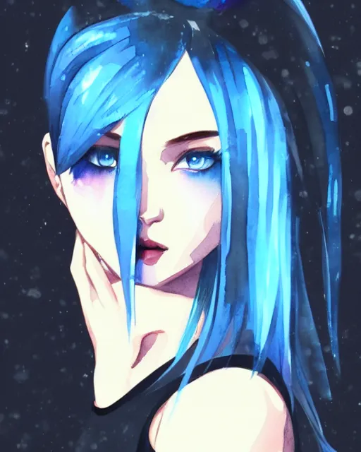 Image similar to watercolor painting of a pretty girl with Blue hair, wearing a Black dress, night city Background. In the style of ilya kuvshinov, dramatic lighting, fantasy, intricate, elegant, highly detailed, lifelike, photorealistic, digital painting, bokeh, HDR, high resolution, artstation, concept art, smooth, sharp focus, art by Krenz Cushart and Albert Aublet