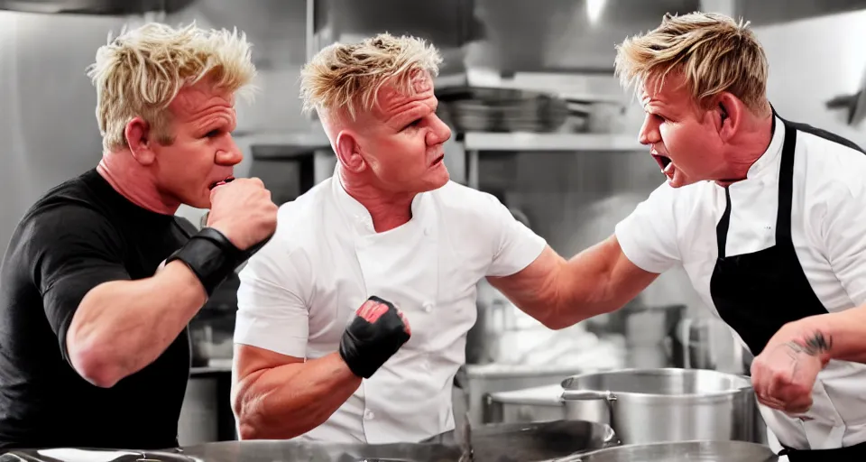 Image similar to photo of angry furious Gordon Ramsay punching Gordon Ramsay at the kitchen