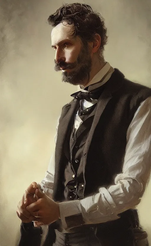 Image similar to Portrait of a victorian gentleman wearing a waistcoat, male, detailed face, victorian, highly detailed, cinematic lighting, digital art painting by greg rutkowski