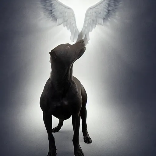 Prompt: a man saying goodbye to his black Staffordshire bull terrier with angel wings, soft lighting, beautiful, heavenly, digital art