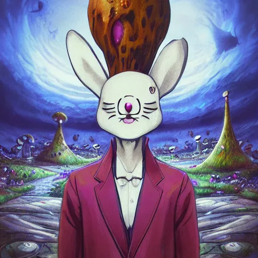 Image similar to 4 k headshot portrait of a psychedelic demonic anthropomorphic bunny rabbit with mushroom themed clothes, magic mushroom village in background. award winning. superb resolution. in the art style of junji ito and greg rutkowski. detailed mushroom city in background. hyper realistic anime. perfect art. dalle 2
