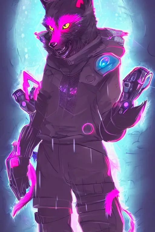 Image similar to a cyberpunk anthropomorphic wolf with a fluffy tail, comic art, trending on furaffinity, cartoon, kawaii, backlighting, furry art!!!, neon, concept art