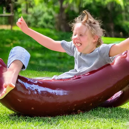 Image similar to adult sliding down chocolate pudding slide legs first, professional photo taken at the park