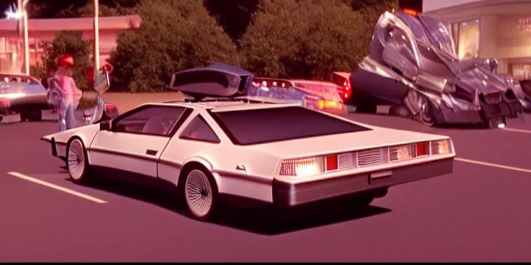 Prompt: Photorealistic close up cinematography of the rear of a the Back To The Future Time Machine reversing down a ramp out of Doc Browns Van at night + filmed on location at at the Twin Pines mall By “Back To The Future” Cinematographer Dean Cundey at night 5