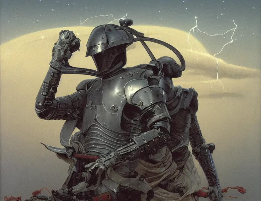 Prompt: a detailed portrait painting of a bounty hunter wearing combat armour and a reflective visor. Movie poster, cinematic sci-fi poster. Flight suit, cloth and metal, accurate anatomy. Samurai influence, knight influence. fencing armour. portrait symmetrical and science fiction theme with lightning, aurora lighting. clouds and stars. Futurism by moebius beksinski carl spitzweg moebius and tuomas korpi. baroque elements. baroque element. intricate artwork by caravaggio. Oil painting. Trending on artstation. 8k