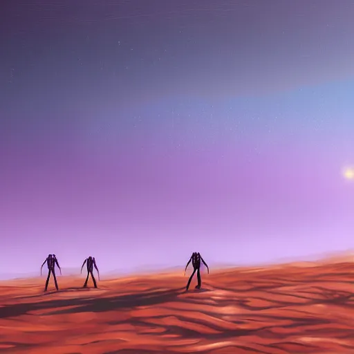 Image similar to Humanoid Ant Aliens on a desert planet with purple sky [realistic detailed digital painting for a Science Fiction Novel, trending on Artstation]