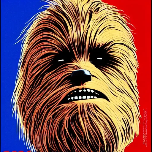 Prompt: chewbacca presidential election poster showing close up of chewbacca face red and blue duotone by sheperd fairey no text