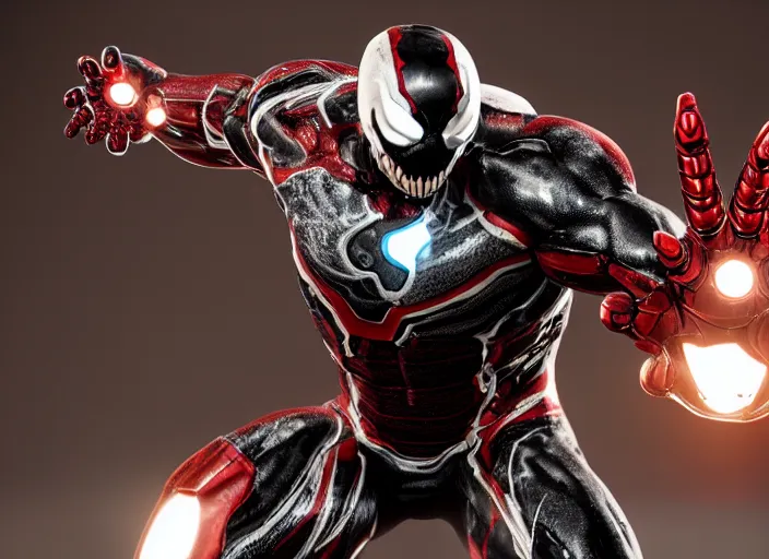 Prompt: venom fused with iron man, ultra realistic 4 k unreal engine render with ray tracing bloom ambient occlusion