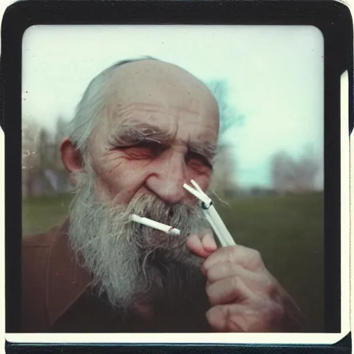 Image similar to polaroid of an old russian man holding a cigarette between 2 fingers, summer 1 9 9 6