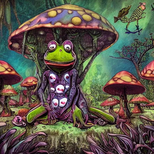 Image similar to scary fairy eating a frog in a psychedelic mushroom village, art style of junji ito, cel animation , masterpiece , post-processing , intricate , legendary matte painting