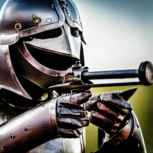 Prompt: medieval knight, in armor, shooting an ak - 4 7. 4 k, hdr, 5 0 mm lens, f 1. 8.