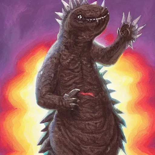 Prompt: Dark skinned girl pets Chibi Godzilla, painting