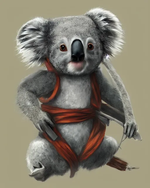 Image similar to a cute koala dressed in a shinobi outfit, by łukasz piskorz and patrick mcenvoy and michael komarck, intricate, highly detailed, artstation, concept art, smooth, sharp focus photorealistic centered