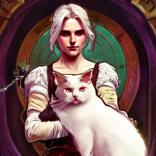 Prompt: Ciri holding a cat, beautiful lighting, expressive comic art, trending on artstation, digital art, by Alphonse Mucha, highly detailed