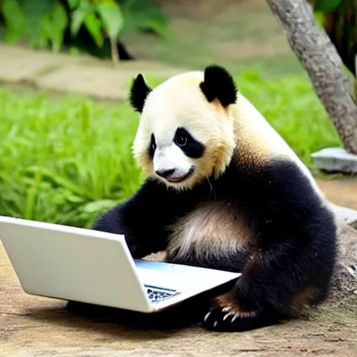 Image similar to a cute but tired baby panda working on a laptop in the zoo and yawning