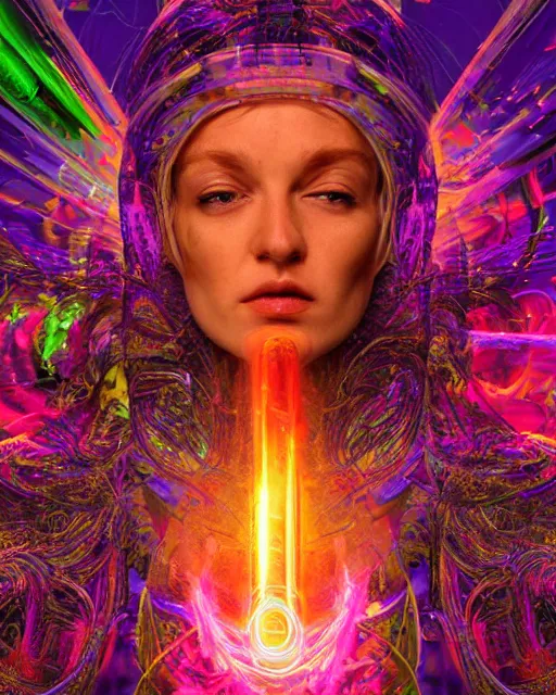 Prompt: a powerful energy psychedelic matrix priestess, by alexander fedosav, hyper detailed digital matte painting, concept art, hyperrealism, 1 6 k resolution, cinema 4 d, 8 k resolution, trending on artstation, behance hd, a masterpiece, by stephan martiniere, particles, cel - shaded, power bright neon energy, by david a. hardy,