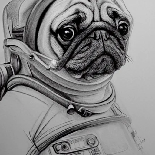 Image similar to pencil art, golden - ratio, spirals, highly detailed, astronaut pug in outer space by davinci.