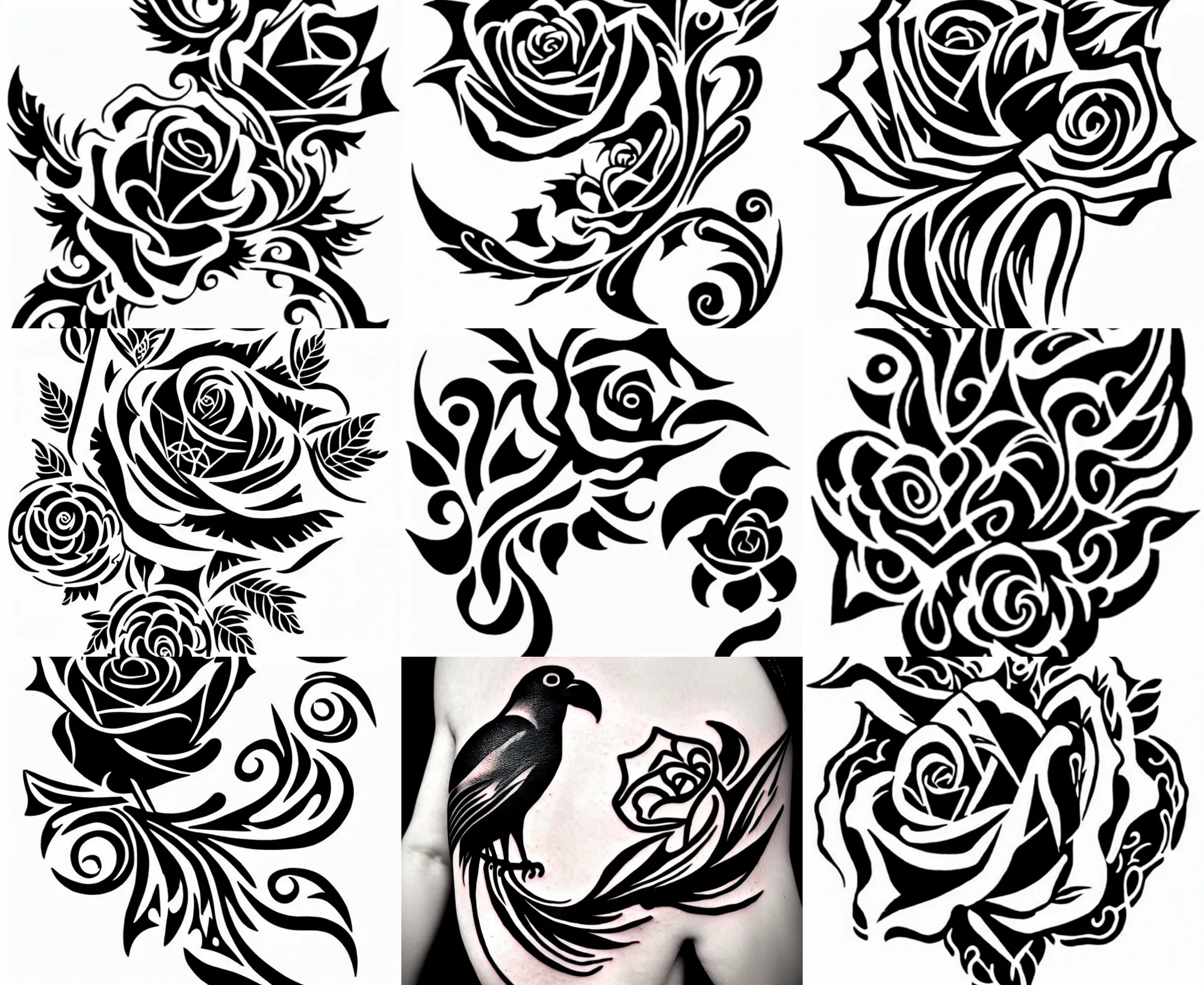 Prompt: Tattoo Stencil stylized crow rose Raven, bold strong lines very highly aesthetic