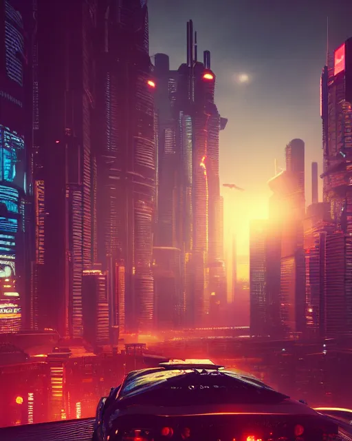 Image similar to a skyline at sunrise, cyberpunk style, digital painting, concept art, smooth, sharp focus, hyperrealistic, illustration, artstation trending, octane render, unreal engine, ambient light, dynamic lighting, magical, dark vibes, Cyberpunk 2077