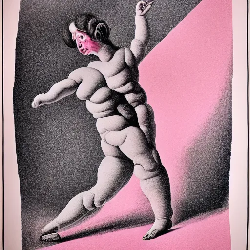 Image similar to pink and white lithography on paper conceptual figurative ( post - morden ) monumental dynamic portrait drawn by hogarth and escher and francis bacon, inspired by goya, illusion surreal art, highly conceptual figurative art, intricate detailed illustration, controversial poster art, polish poster art, geometrical drawings, no blur