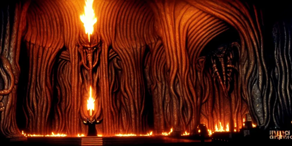 Image similar to huge balrog in the great hall of moria, columns along both sides of the great hall, balrog is breathing fire, style of h. r. giger, cinematic, movie still, cgi, directed by ridley scott