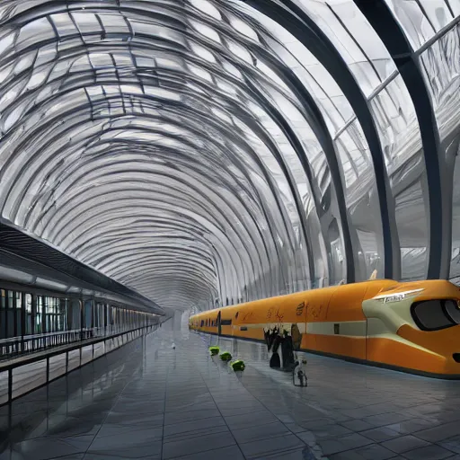 Prompt: complex and beautiful organic train station hall, designed by zaha hadid, bold colors, unreal engine 5 render, keyshot render, octane render in style of artstation trending colors, ultra high detail, ultra realistic, 8k