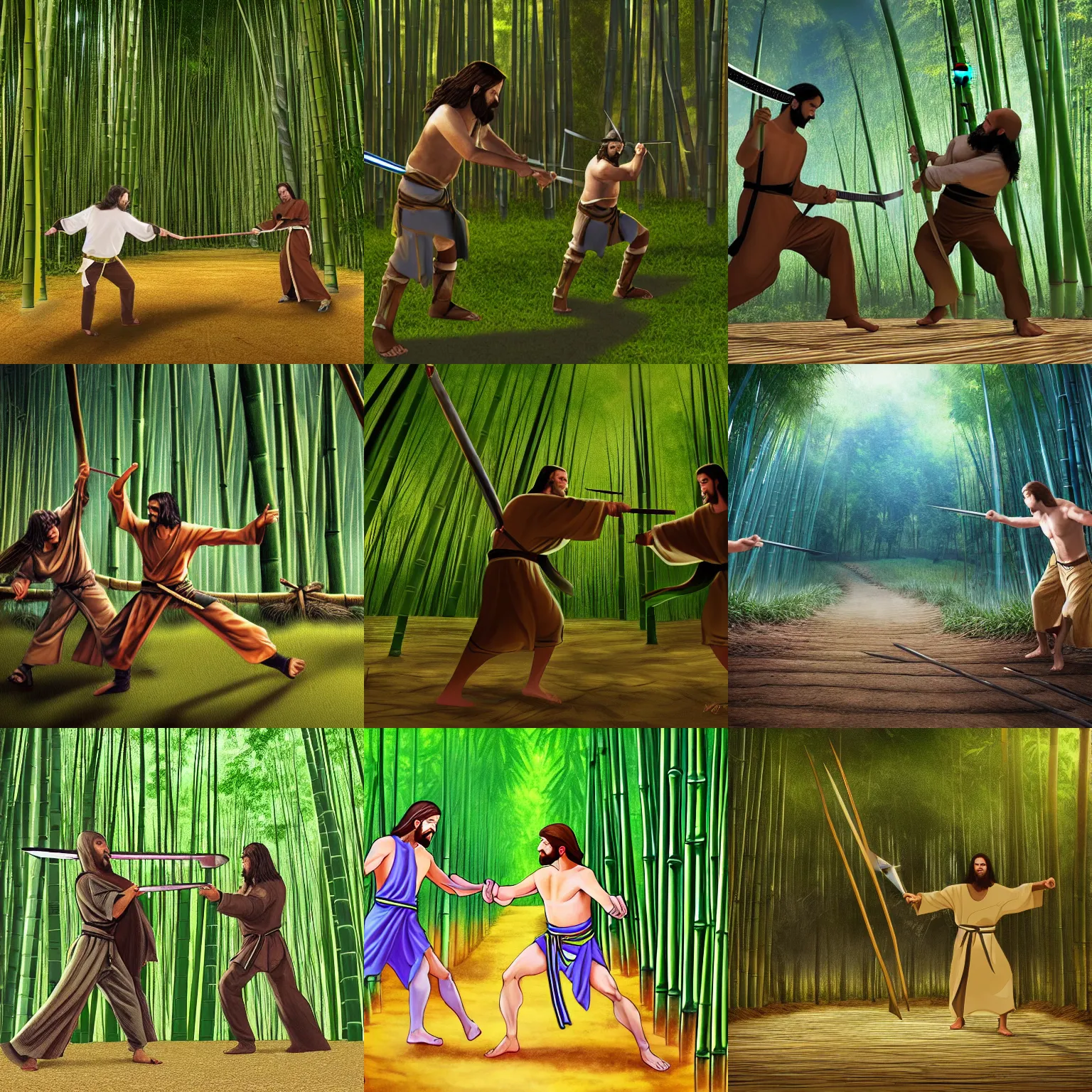 Prompt: Jesus swordfighting a ninja in a bamboo forest, photorealistic, ultra HD, 4K
