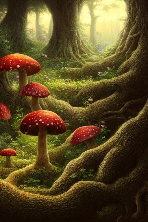 Prompt: a beautiful digital illustration painting of a detailed fantasy tree trunk and roots, mushroom, flowers by benoit b. mandelbrot, steven belledin, martin johnson heade, lee madgwick, caspar david friedrich, and david rios ferreira. 8 k resolution trending on artstation concept art digital illustration