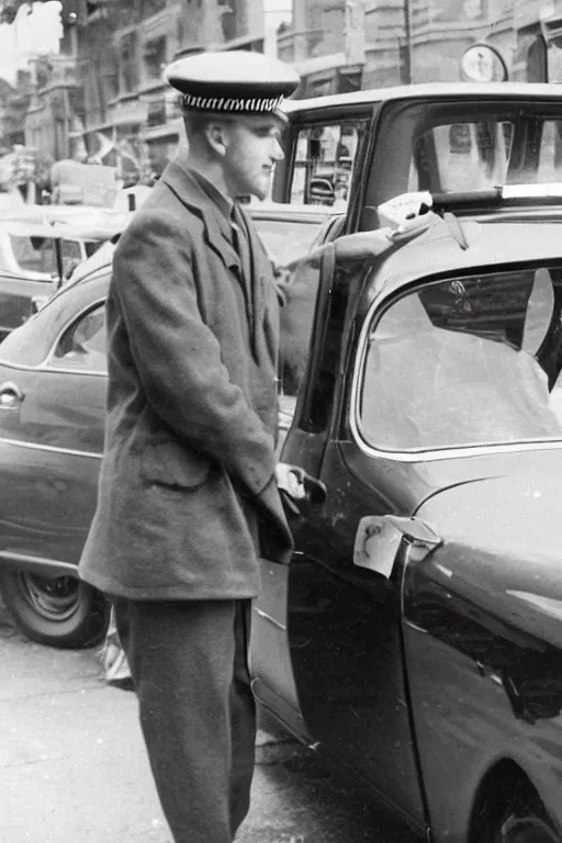 Image similar to a 1 9 5 0 s police officer issuing a ticket on a car