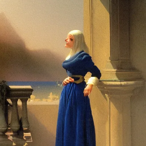 Prompt: a young woman's face, her hair is white and she wears a cobalt blue satin cloak, by ivan aivazovsky and syd mead and moebius and gaston bussiere and roger dean and pieter claesz and paul delaroche and alma tadema and aelbert cuyp and gerard borch, hyperrealistic, volumetric light, octane render