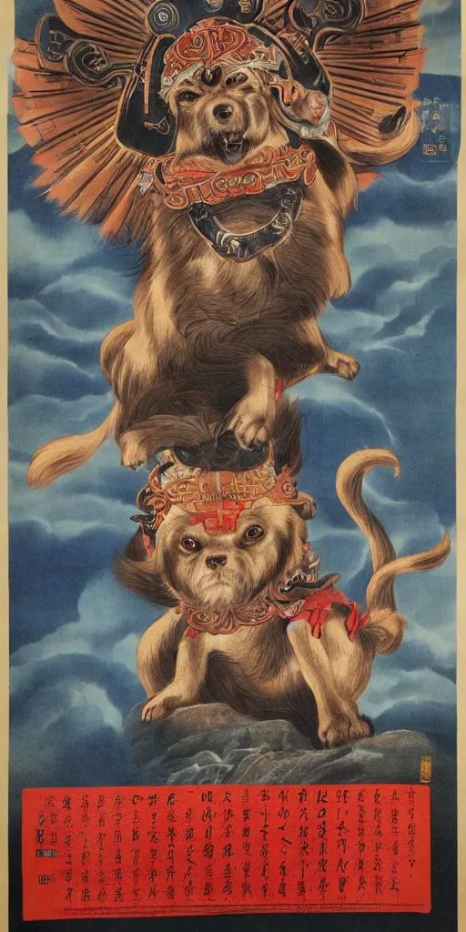 Prompt: chinese propaganda poster, dog as a god as the centerpiece, detailed face, gorgeous, amazing, flowing hair, very muscular male body, caesar victorious, proud emperor, crepuscular ray, intricate, highly detailed