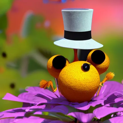 Image similar to a pixar still of a honeybee wearing a top hat