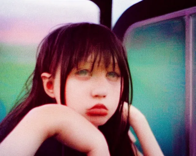 Prompt: lomo photo of shy goth girl sitting in empty bus, sunset, cinestill, bokeh