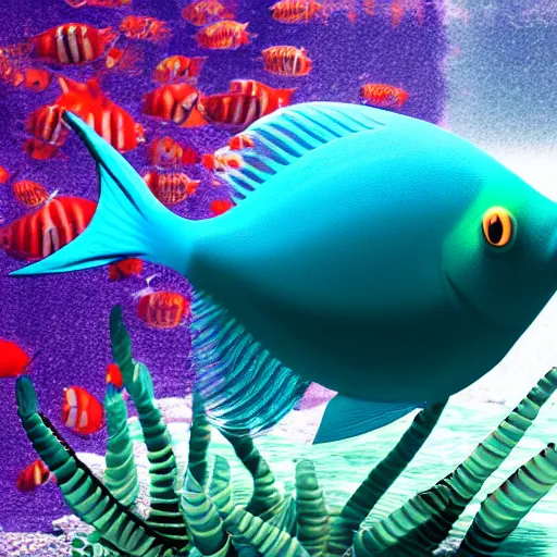 Prompt: 3D render of a cute tropical fish in an aquarium on a dark blue background, digital art