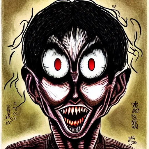 Image similar to a dark brown humanoid, hyper detailed, in the style of junji ito and and junji ito and junji ito, selfie