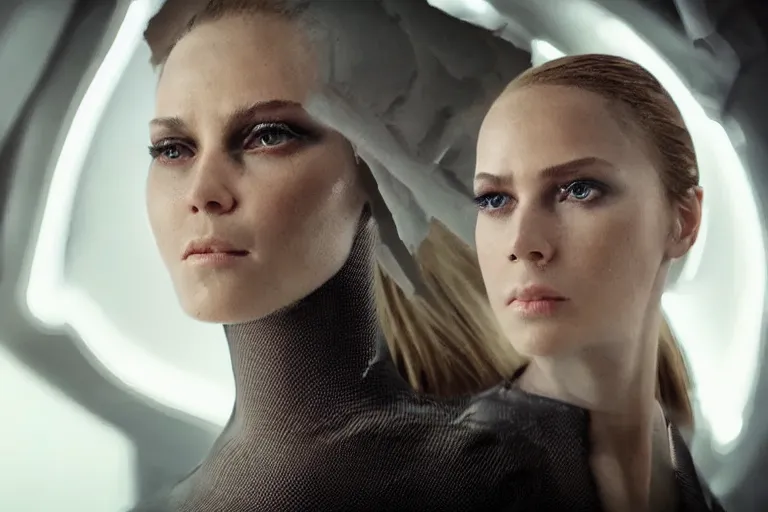 Image similar to VFX movie of a futuristic space woman model gorgeous portrait in inhuman future spaceship, beautiful natural skin natural lighting by Emmanuel Lubezki