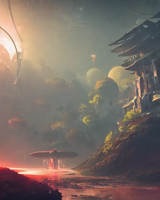 Image similar to beautiful landscape, nier automata, protoss temple!!!, machine planet, pink sun, tropical forest, colorful light, advanced technology, cinematic lighting, highly detailed, masterpiece, art by bastien grivet and darwin cellis and jan urschel