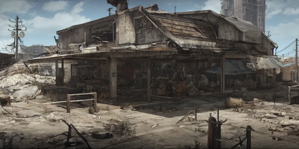 Prompt: fallout concept art barn render ultra unreal engine 5