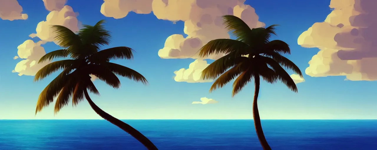 Image similar to painting by goro fujita!! bright blue illustration of a beach horizon with clouds and one palm tree in the style of goro fujita, sharp focus, highly detailed, artstation