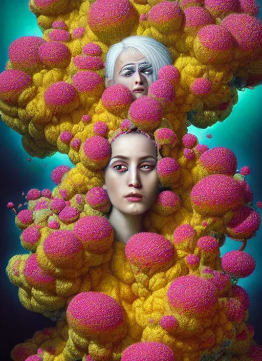 Prompt: hyper detailed 3d render like a Oil painting - Ramana Flowers with white hair in mascara seen Eating of the Strangling network of colorful yellowcake and aerochrome and milky Fruit and Her delicate Hands hold of gossamer polyp blossoms bring iridescent fungal flowers whose spores black the foolish stars by Jacek Yerka, Mariusz Lewandowski, Houdini algorithmic generative render, Abstract brush strokes, Masterpiece, Edward Hopper and James Gilleard, Zdzislaw Beksinski, Mark Ryden, Wolfgang Lettl, Dan Hiller, hints of Yayoi Kasuma, octane render, 8k