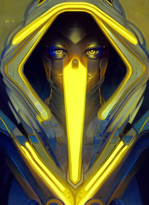 Image similar to symmetry portrait, sci - fi, tech wear, blue and yellow glowing lights, intricate, elegant, highly detailed, digital painting, artstation, concept art, smooth, sharp focus, illustration, art by artgerm and greg rutkowski and alphonse mucha