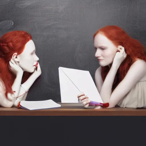 Prompt: Two beautiful red haired brides studying mathematics together in a university class near a blackboard, fashion photography by Annie Leibovitz, hyperrealistic, highly detailed, depth of field, High definition, 8k, octane render, artstation