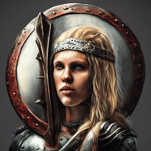 Prompt: viking shield maiden, painted by othon nikolaidis. 4 k, 8 k, hyper detailed, concept art master work, trending on artstation, beautiful, gorgeous, mythic, dramatic lighting,