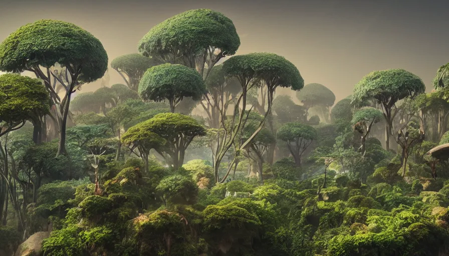 Prompt: beautiful stunning amazing slightly cloudly sky with various differently colored floating islands made of dirt and sand and stone with many varied rainforest forest desert plants and few little animals, landscape, fantasy, wide angle, sharp image, cinematic, concept art, 3d, photorealistic render, octane render, blender cycles, unreal engine, raytracing, volumetric light, photoshop, lightroom, digital art, trending on artstation