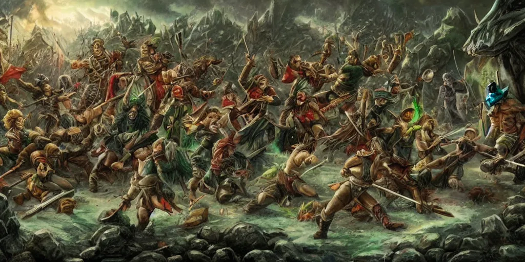 Prompt: elves and orcs are fighting , large scene , tragic