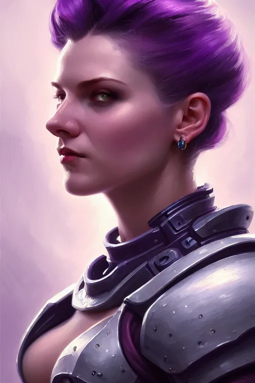 Prompt: alexey gurylev, close up portrait, pale woman in power armor with purple hair, mysterious, deep focus, d & d, fantasy, complex, elegant, highly detailed, digital painting, artstation, concept art, matte, clear focus, illustration, hearthstone, artgerm art, greg rutkovsky and alphonse mucha