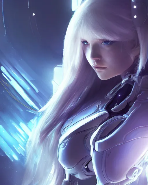 Image similar to perfect android girl on a mothership, warframe armor, beautiful face, scifi, futuristic, galaxy, nebula, raytracing, dreamy, long white hair, blue cyborg eyes, sharp focus, cinematic lighting, highly detailed, artstation, divine, by gauthier leblanc, kazuya takahashi, huifeng huang