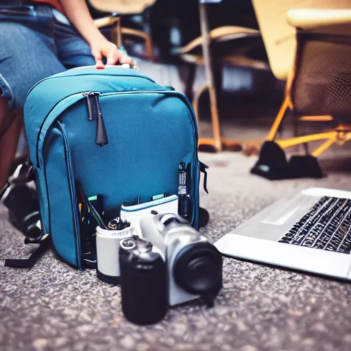 Prompt: photo backpack under a table