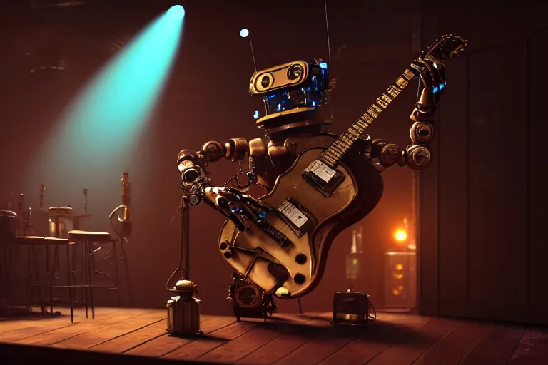 Prompt: 3 steampunk robot jazz guitarist playing at a night club, focus on the musicians, cinematic lighting, exaggerated detailed, unreal engine, octane render, trending on artstation, art by greg rutkowski, 4 k